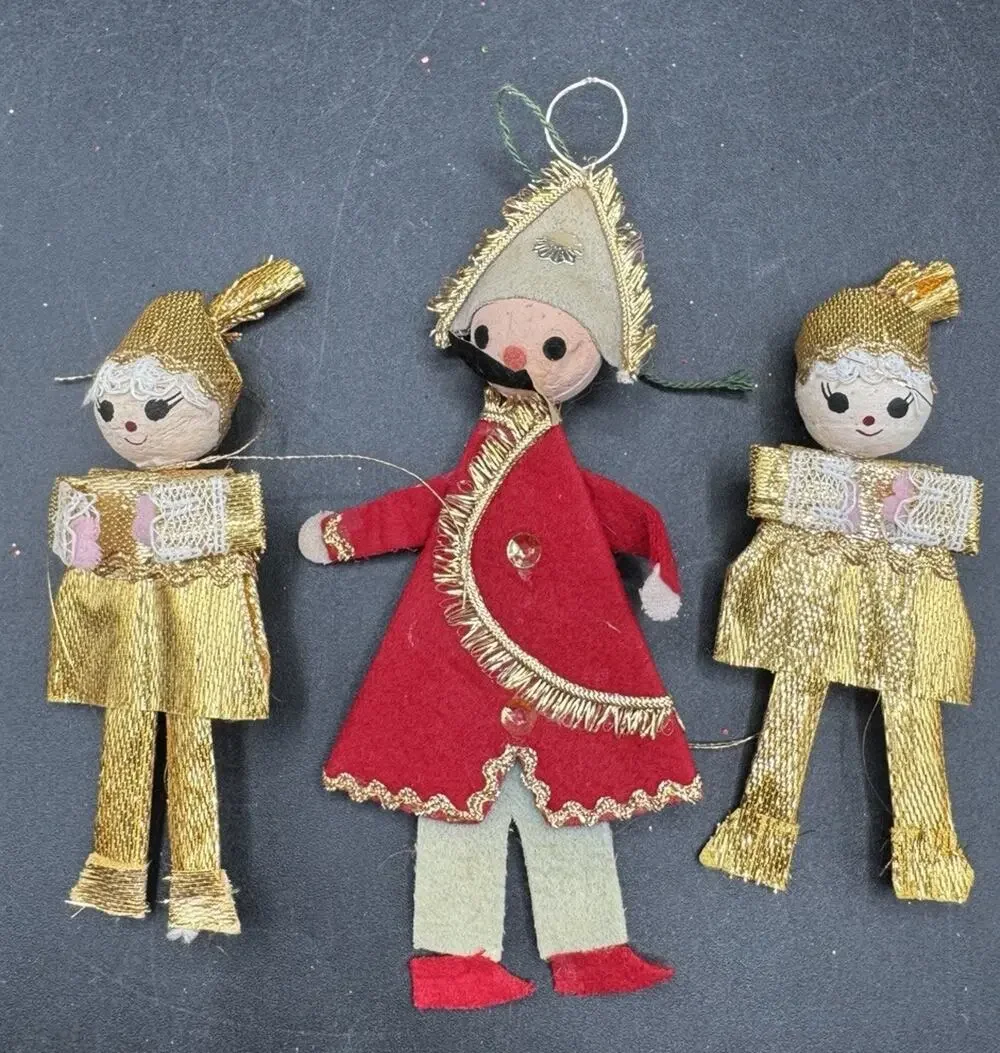3 Vtg 1960’s Felt Toy Soldiers Christmas Tree Ornaments Brown Made in Japan -S1J